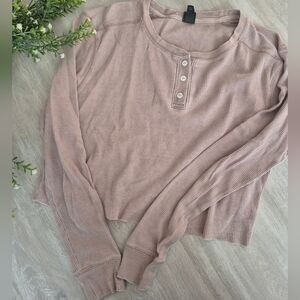Crop Waffle Knit Henley Long-Sleeve Top - Blush Tan